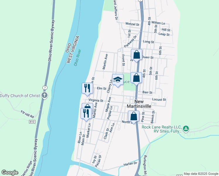 map of restaurants, bars, coffee shops, grocery stores, and more near Cherry Ln in New Martinsville