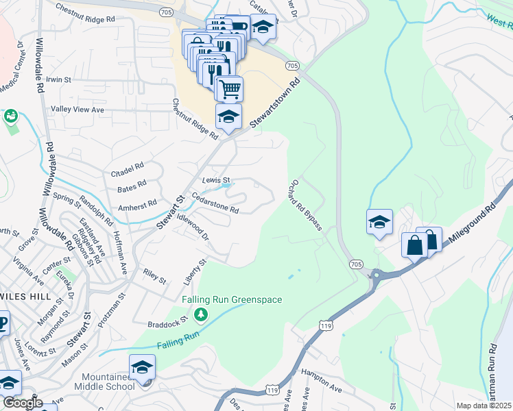 map of restaurants, bars, coffee shops, grocery stores, and more near 3 Sylvan Avenue in Morgantown