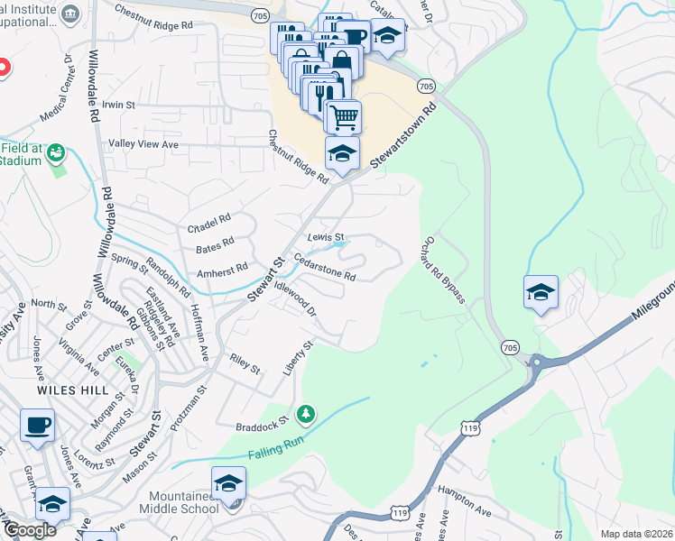 map of restaurants, bars, coffee shops, grocery stores, and more near 401 Cedarstone Road in Morgantown