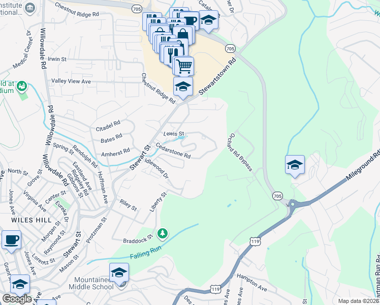 map of restaurants, bars, coffee shops, grocery stores, and more near 423 Fountain View in Morgantown