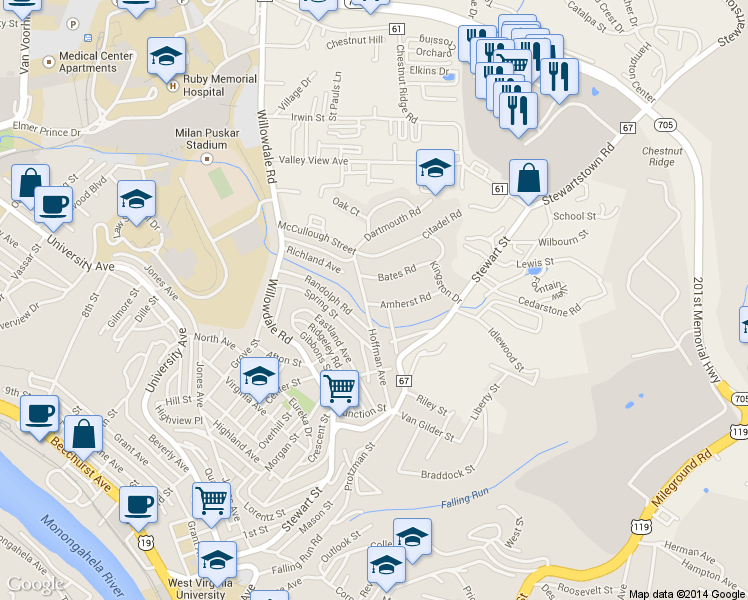 map of restaurants, bars, coffee shops, grocery stores, and more near 741 Amherst Rd in Morgantown