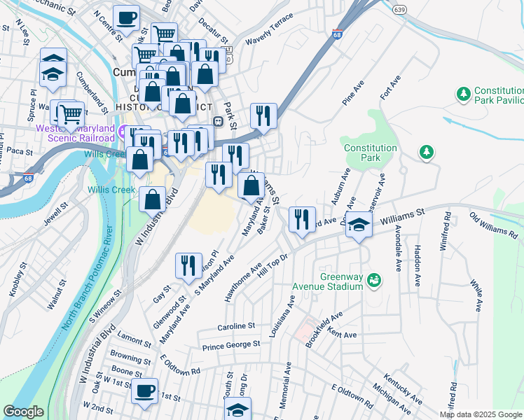 map of restaurants, bars, coffee shops, grocery stores, and more near 634 Maryland Avenue in Cumberland