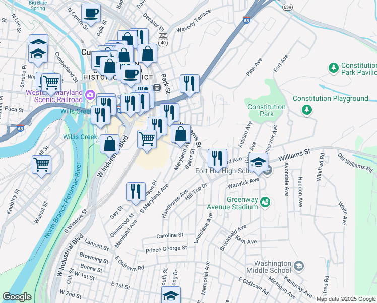 map of restaurants, bars, coffee shops, grocery stores, and more near 634 Maryland Avenue in Cumberland