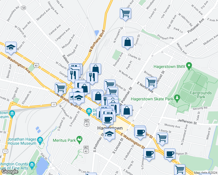 map of restaurants, bars, coffee shops, grocery stores, and more near Jonathan Street in Hagerstown