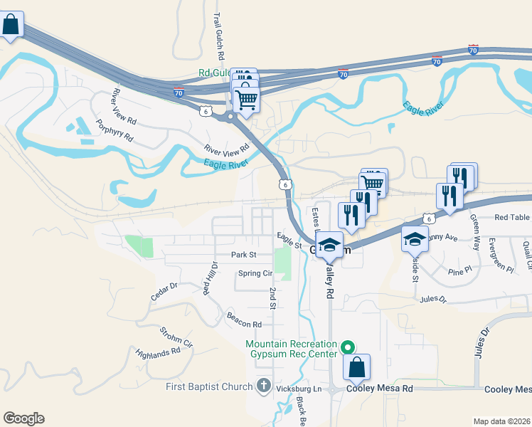 map of restaurants, bars, coffee shops, grocery stores, and more near 443 Railroad Ave in Gypsum