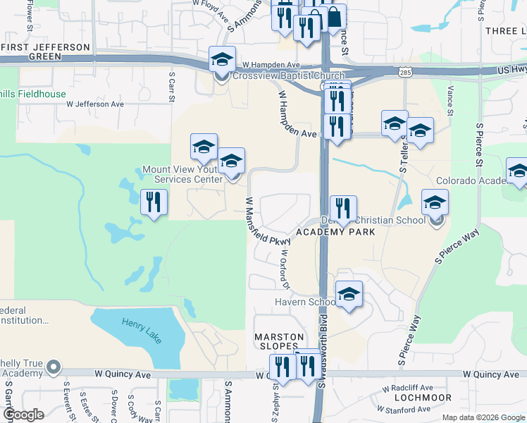 map of restaurants, bars, coffee shops, grocery stores, and more near 7875 West Mansfield Parkway in Denver