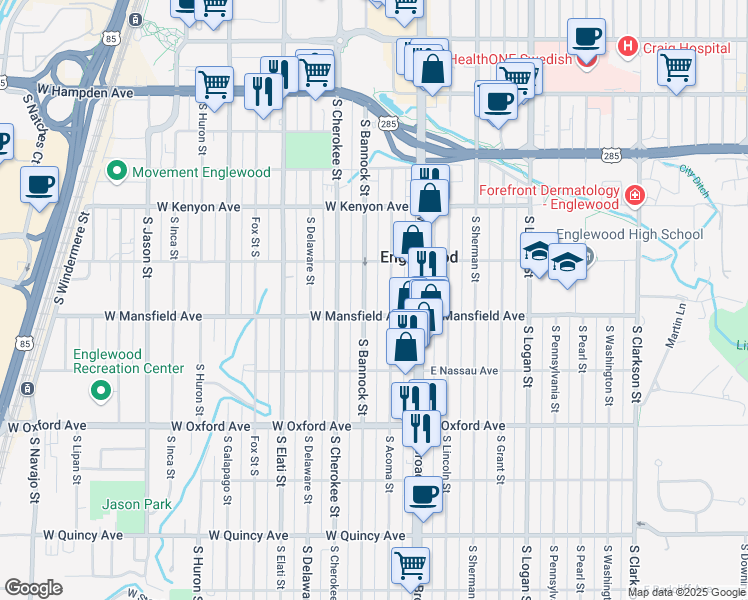 map of restaurants, bars, coffee shops, grocery stores, and more near 3880 South Bannock Street in Englewood