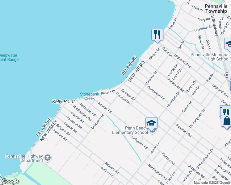 map of restaurants, bars, coffee shops, grocery stores, and more near 157 Georgia Road in Pennsville