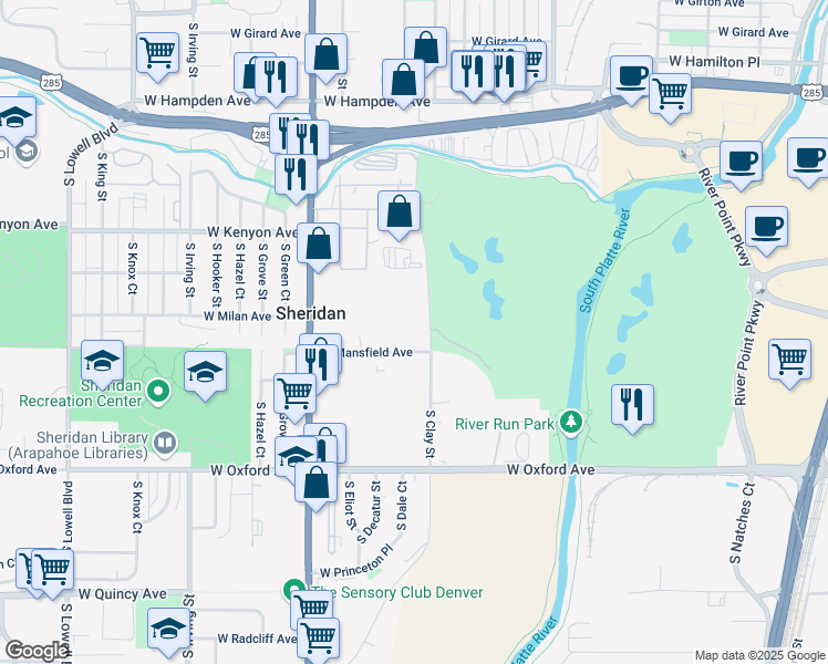 map of restaurants, bars, coffee shops, grocery stores, and more near 2707 West Mansfield Avenue in Englewood