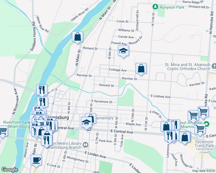 map of restaurants, bars, coffee shops, grocery stores, and more near 722 Sennett Street in Miamisburg