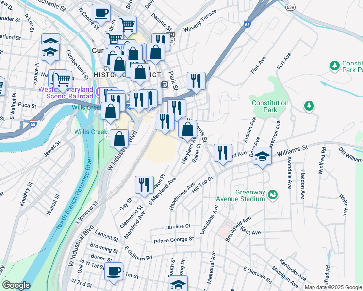 map of restaurants, bars, coffee shops, grocery stores, and more near 708 Elm Street in Cumberland