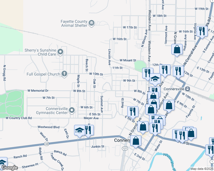 map of restaurants, bars, coffee shops, grocery stores, and more near 817 Lincoln Avenue in Connersville