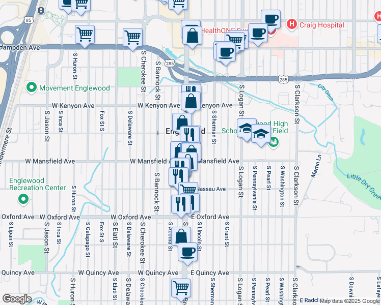 map of restaurants, bars, coffee shops, grocery stores, and more near 3855 South Broadway in Englewood