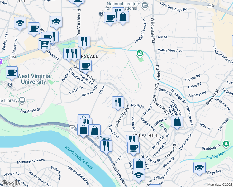 map of restaurants, bars, coffee shops, grocery stores, and more near 392 Gilmore Street in Morgantown