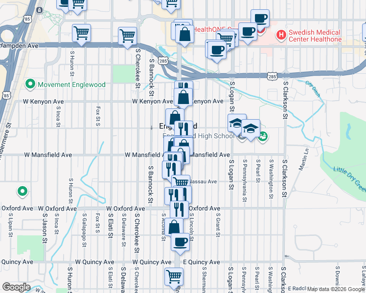 map of restaurants, bars, coffee shops, grocery stores, and more near 3855 South Broadway in Englewood
