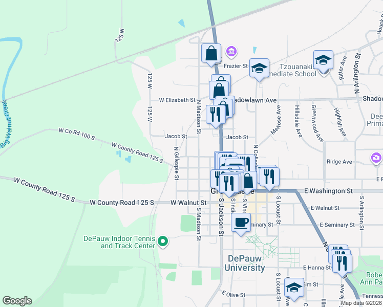 map of restaurants, bars, coffee shops, grocery stores, and more near 307 West Liberty Street in Greencastle
