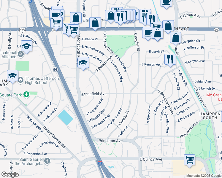 map of restaurants, bars, coffee shops, grocery stores, and more near 3884 South Niagara Way in Denver