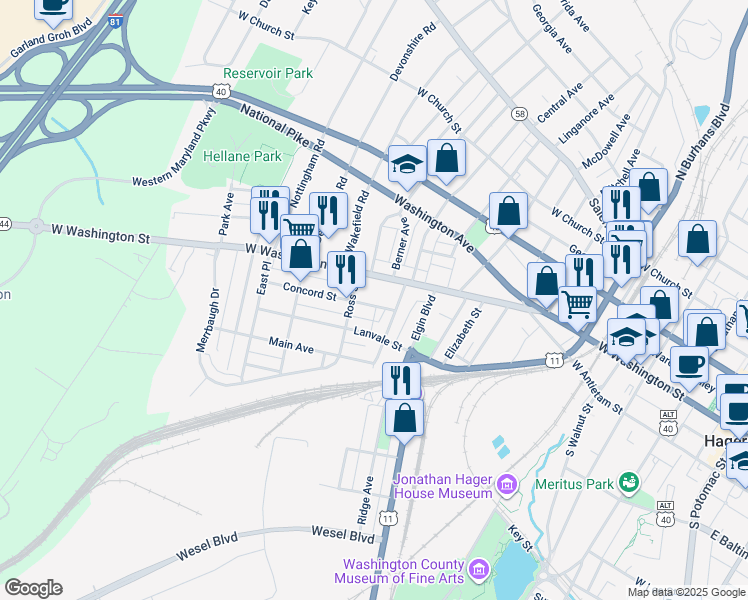 map of restaurants, bars, coffee shops, grocery stores, and more near 822 Concord Street in Hagerstown