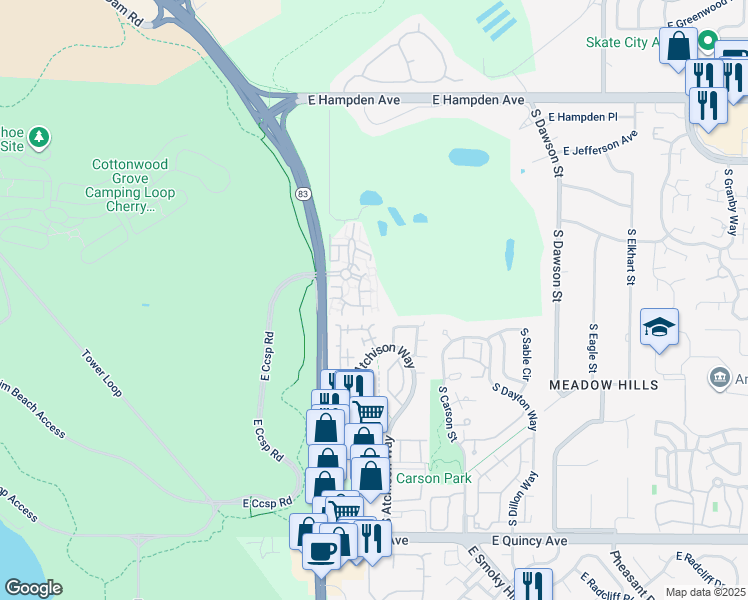 map of restaurants, bars, coffee shops, grocery stores, and more near 13834 East Lehigh Avenue in Aurora