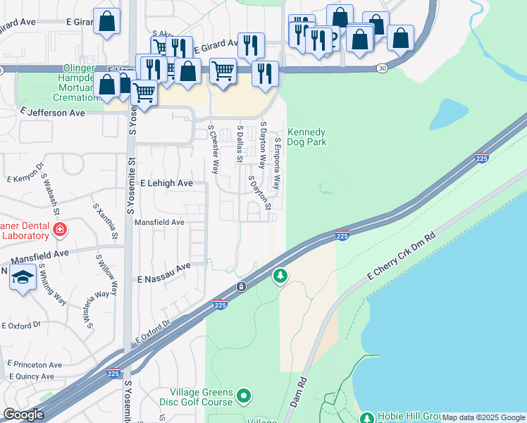map of restaurants, bars, coffee shops, grocery stores, and more near 3865 South Dallas Circle in Aurora