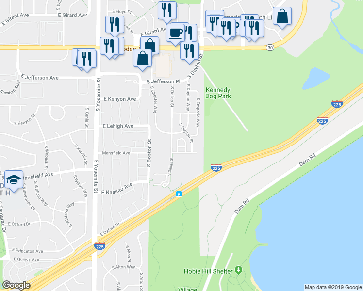 map of restaurants, bars, coffee shops, grocery stores, and more near 3865 South Dallas Circle in Aurora