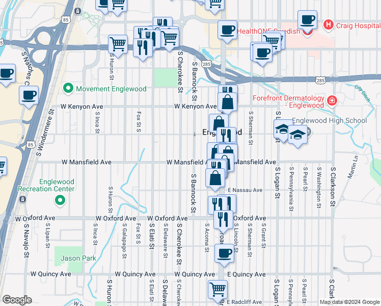 map of restaurants, bars, coffee shops, grocery stores, and more near 3860 South Cherokee Street in Englewood
