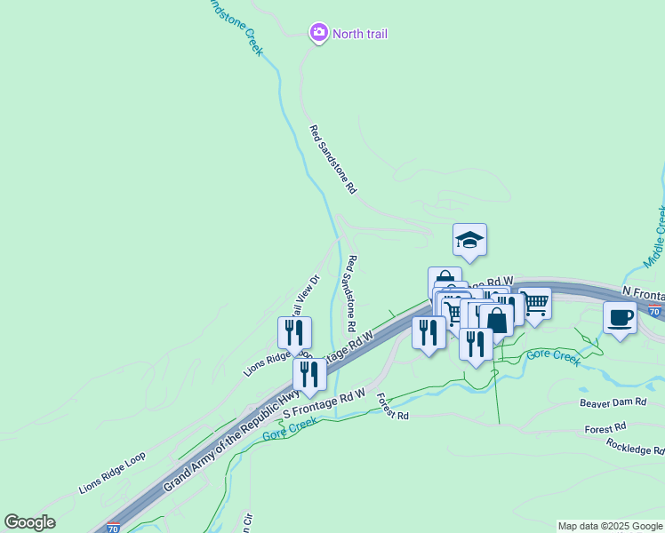 map of restaurants, bars, coffee shops, grocery stores, and more near 945 Red Sandstone Road in Vail