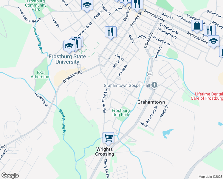 map of restaurants, bars, coffee shops, grocery stores, and more near 178 Spring Street in Frostburg