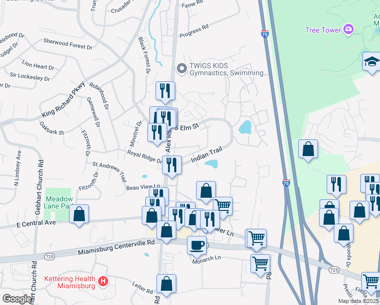 map of restaurants, bars, coffee shops, grocery stores, and more near 822 Lancelot Drive in Dayton