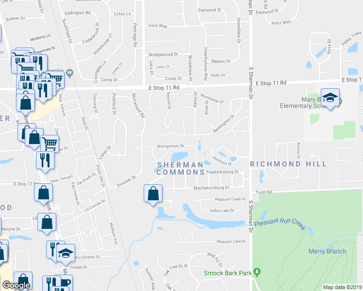 map of restaurants, bars, coffee shops, grocery stores, and more near 3410 Montgomery Drive in Indianapolis