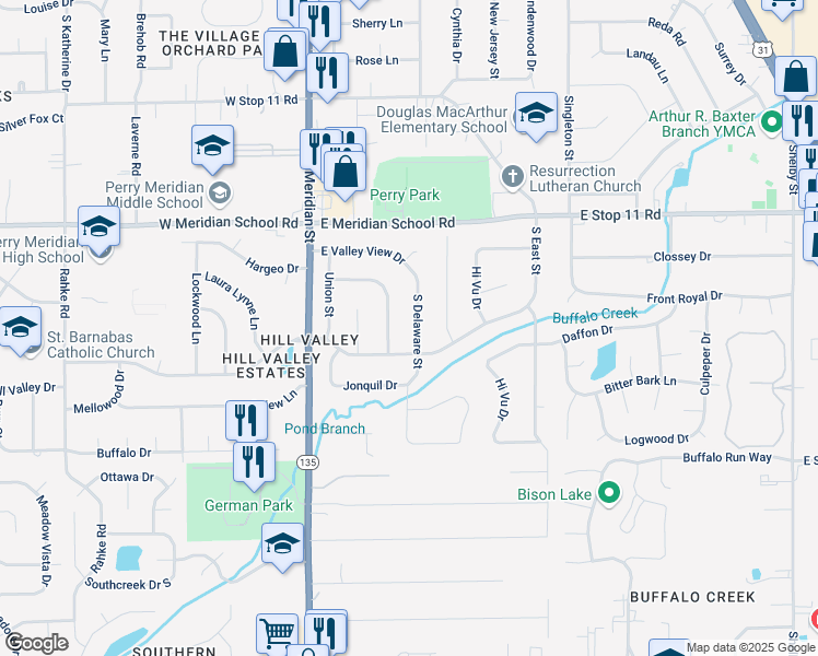 map of restaurants, bars, coffee shops, grocery stores, and more near 8211 South Delaware Street in Indianapolis