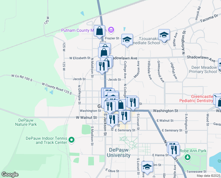 map of restaurants, bars, coffee shops, grocery stores, and more near 305 North Jackson Street in Greencastle