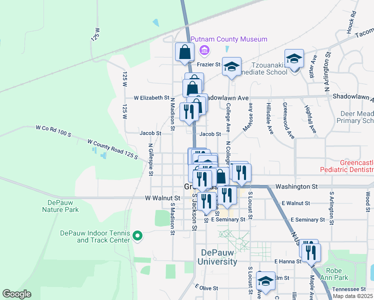 map of restaurants, bars, coffee shops, grocery stores, and more near 201-299 West Liberty Street in Greencastle