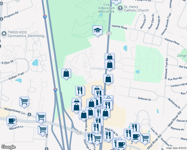 map of restaurants, bars, coffee shops, grocery stores, and more near 3115 Discovery Trail in Dayton