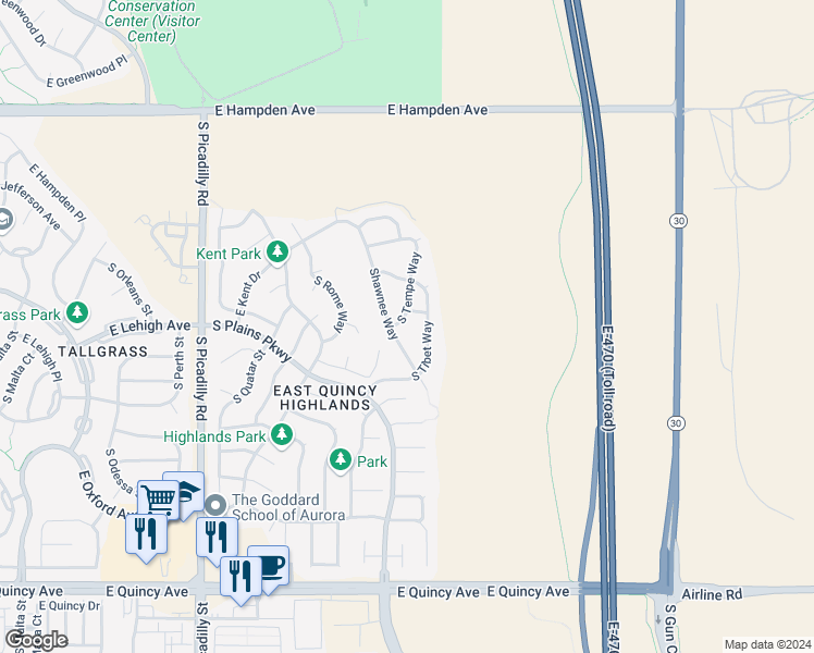 map of restaurants, bars, coffee shops, grocery stores, and more near 3840 South Tempe Way in Aurora