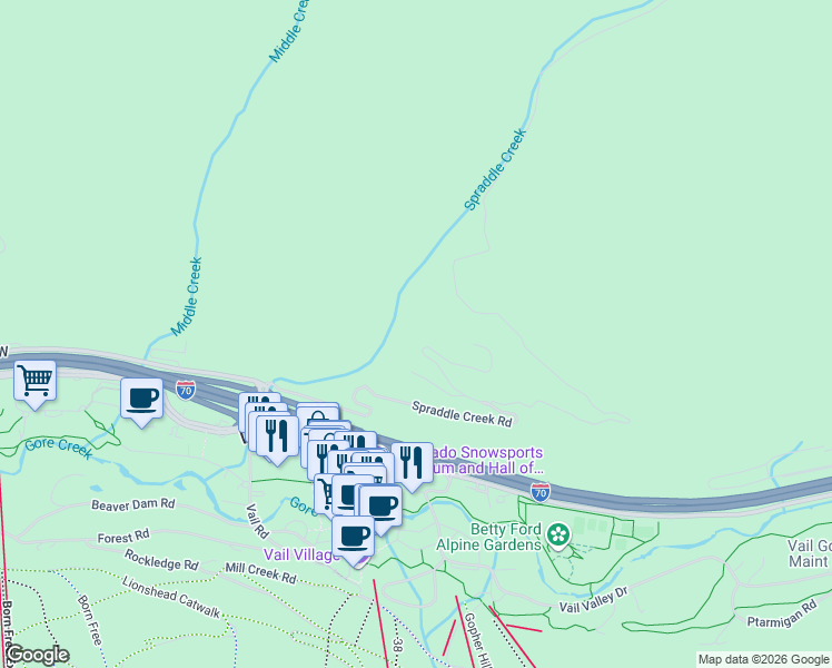 map of restaurants, bars, coffee shops, grocery stores, and more near 1326 Spraddle Creek Road in Vail