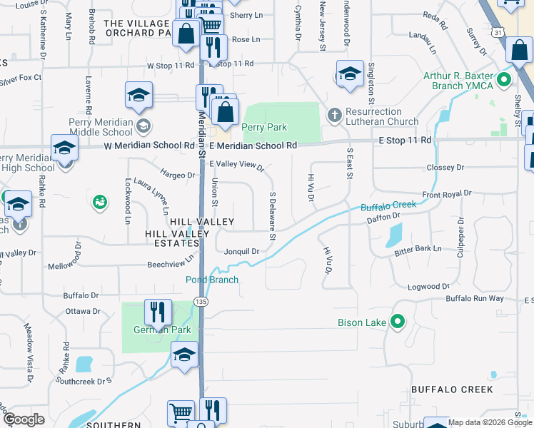 map of restaurants, bars, coffee shops, grocery stores, and more near 8211 South Delaware Street in Indianapolis