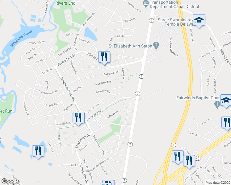 map of restaurants, bars, coffee shops, grocery stores, and more near 310 Palmerston Court in Newark