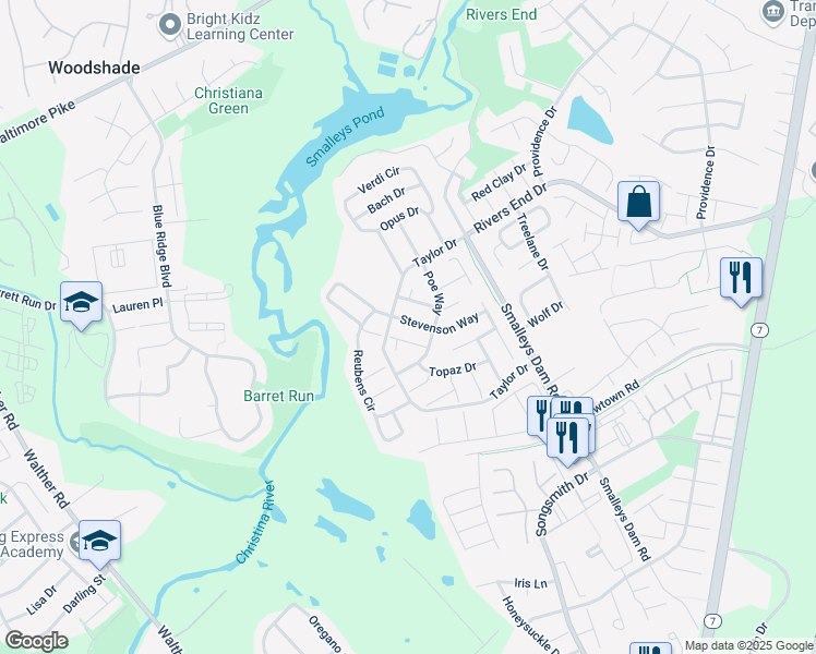 map of restaurants, bars, coffee shops, grocery stores, and more near 6 Stevenson Way in Newark