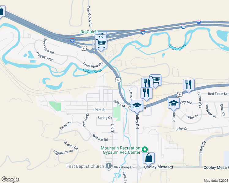 map of restaurants, bars, coffee shops, grocery stores, and more near 443 Railroad Ave in Gypsum