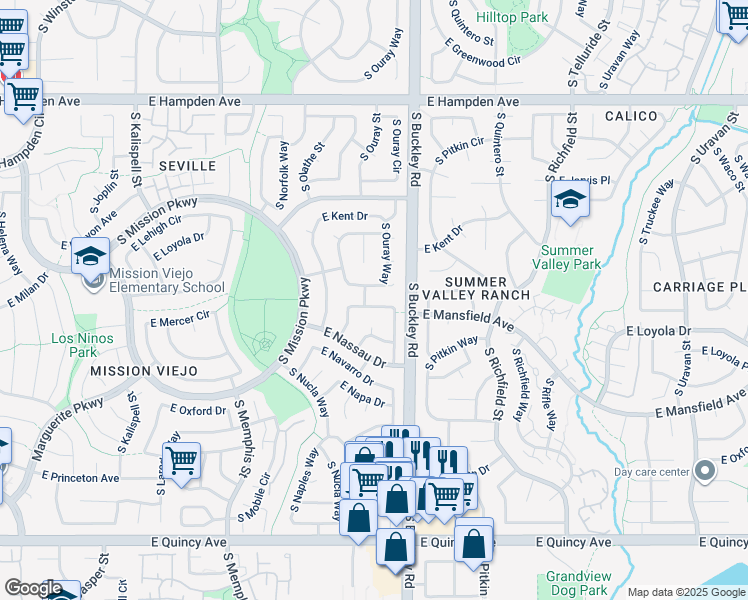 map of restaurants, bars, coffee shops, grocery stores, and more near 16717 East Mansfield Circle in Aurora