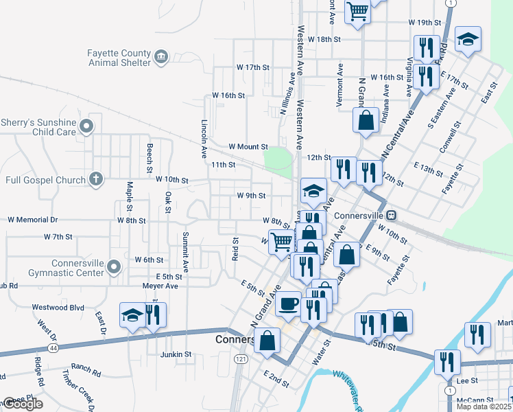 map of restaurants, bars, coffee shops, grocery stores, and more near 820 Walnut Street in Connersville