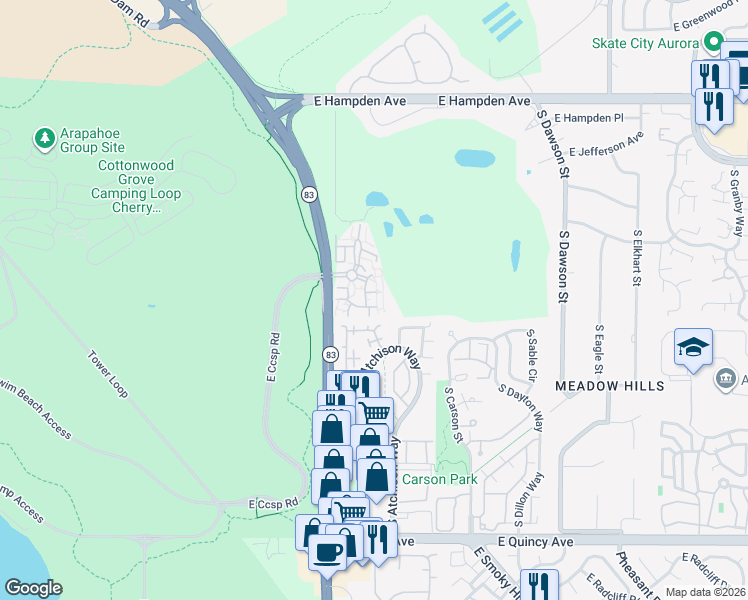 map of restaurants, bars, coffee shops, grocery stores, and more near 13844 East Lehigh Avenue in Aurora