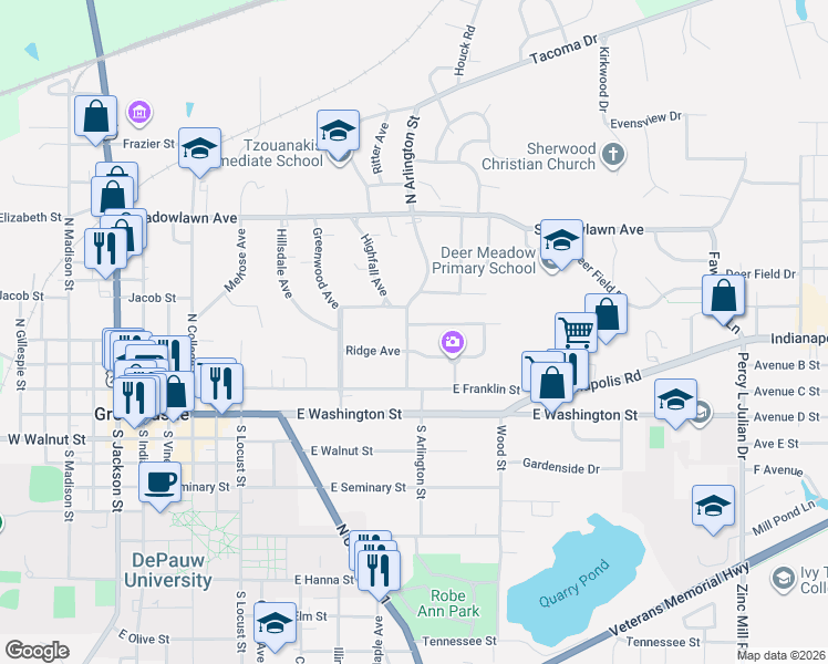 map of restaurants, bars, coffee shops, grocery stores, and more near 700 Highwood Avenue in Greencastle