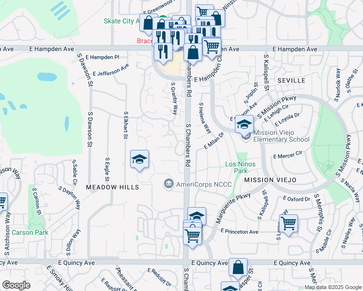 map of restaurants, bars, coffee shops, grocery stores, and more near 3868 South Fraser Street in Aurora