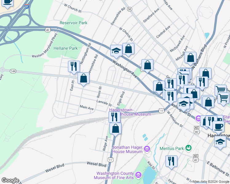 map of restaurants, bars, coffee shops, grocery stores, and more near 16 Summer Street in Hagerstown