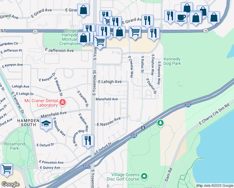 map of restaurants, bars, coffee shops, grocery stores, and more near 9139 Mansfield Avenue in Denver