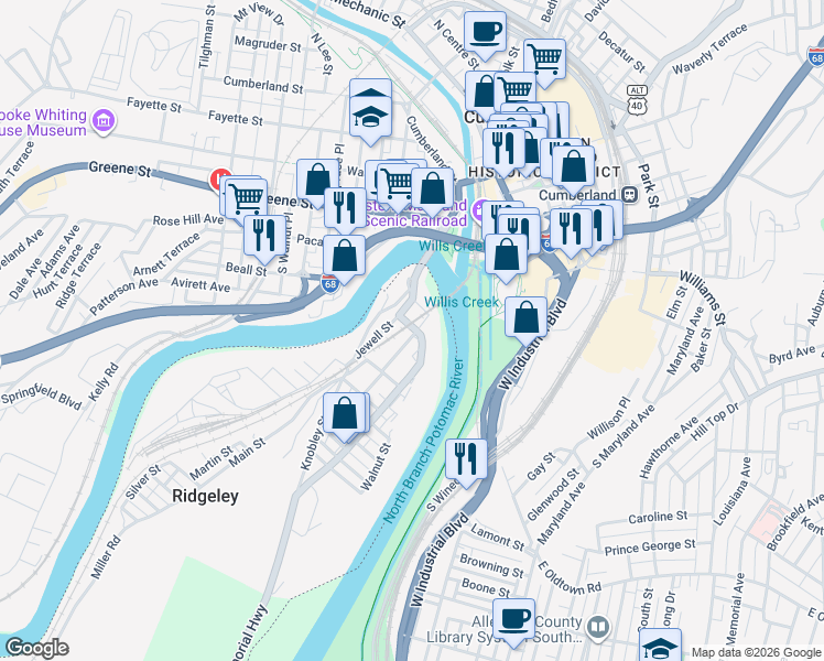 map of restaurants, bars, coffee shops, grocery stores, and more near 31 Potomac Street in Ridgeley