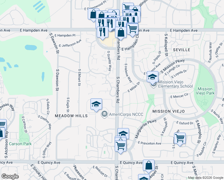 map of restaurants, bars, coffee shops, grocery stores, and more near 3868 South Fraser Street in Aurora