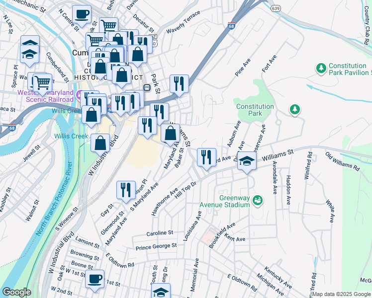 map of restaurants, bars, coffee shops, grocery stores, and more near 409 Ascension Street in Cumberland